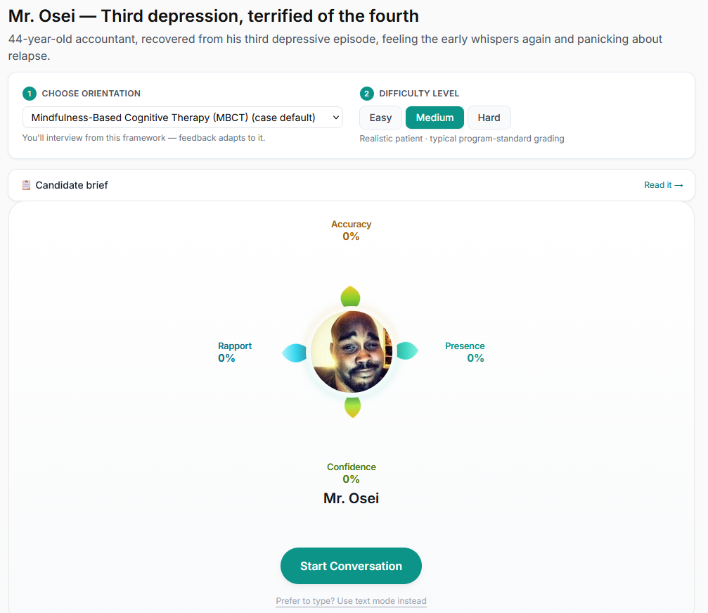 Compass showing a simulated patient case with orientation selection, difficulty level, and live rapport, presence, confidence, and accuracy scoring