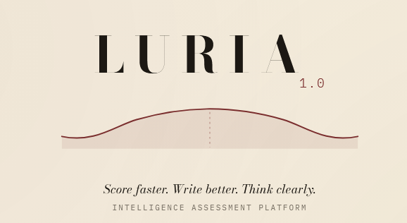 Luria 1.0 wordmark, tagline Score faster, write better, think clearly, and curve graphic
